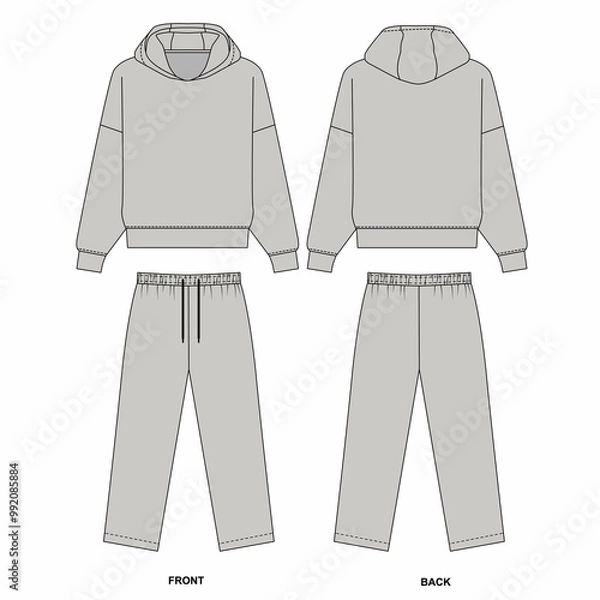 Fototapeta Technical drawing of gray color tracksuit, front and back view. Sketch of basic hoodie with long sleeve. Sketch of straight sweatpants with drawstring.