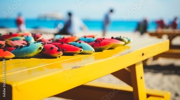 Obraz Pawpaw fruits displayed a vibrant picnic table at a beachside park with sun umbrellas and ocean waves softly blurred behind evoking a tropical vacation feel Scientific name Asimina triloba