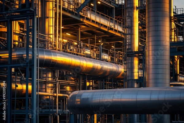 Fototapeta Industrial pipelines and refinery structures at sunset, symbolizing energy production and infrastructure