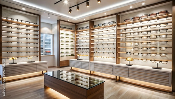Fototapeta Stylish modern optical shop with ambient lighting and fashionable spectacles, stylish, modern, optical shop