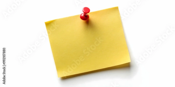 Fototapeta Yellow sticky note with red pin on white background, sticky note, yellow, red pin, isolated
