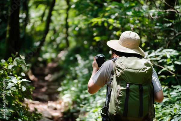 Fototapeta Hiker exploring a nature trail, documenting flora and fauna