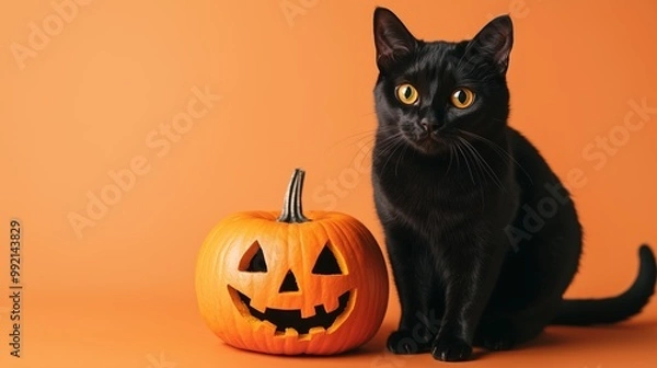 Fototapeta Black cat with jack-o'-lantern on an orange background