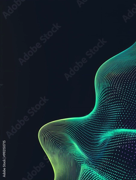 Fototapeta Abstract 3d green teal flow wave on dark background. Future mesh or soundgrid. Digital array data structure. Futuristic technology concept. Backdrop for design banner, poster, business card