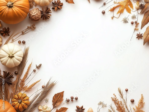 Fototapeta Thanksgiving Themed Border with Pumpkins and Autumn Leaves on White Background