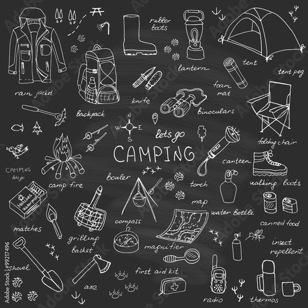 Fototapeta Zestaw symboli i ikon sprzętu kempingowego wyciągnąć rękę, piesze wycieczki, wspinaczka górska i camping doodle elementy, ilustracja wektorowa, ubrania obozowe, buty, sprzęt i rzeczy związane z obozem