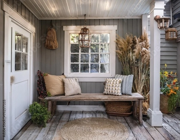 Fototapeta Charming entryway with a vintage bench and rustic decor accents