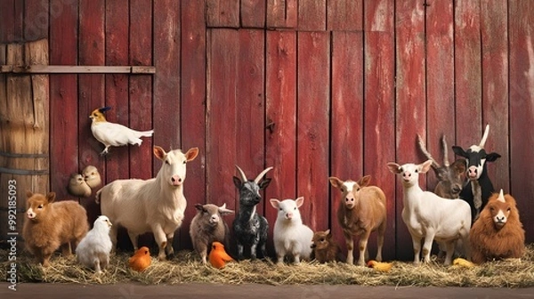 Fototapeta A group of farm animals gathered around a wooden barn, symbolizing unity and cooperation in a pastoral setting