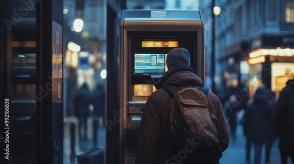 Obraz Man withdrawing money from atm in city at night