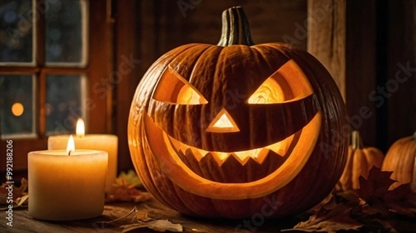 Fototapeta High-resolution, close-up photograph of a carved Halloween pumpkin, also known as a jack-o'-lantern. with a menacing, toothy grin and triangular eyes. 
Halloween Wallpaper 