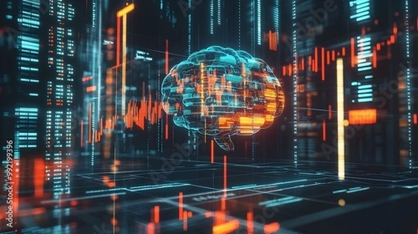 Obraz An artistic depiction of an AI brain interfaced with live stock market data streams, showcasing the integration of artificial intelligence with financial systems in a high-tech environment 