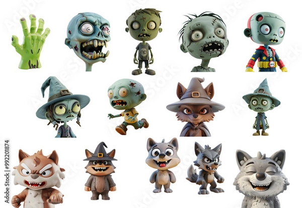 Fototapeta Halloween Zombies and Werewolves Set: 3D Cartoon Illustration, Graphic Elements for Halloween Parties, Halloween Characters, Isolated on Transparent Background, PNG