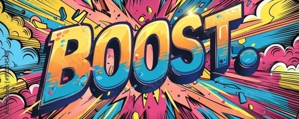 Fototapeta Colorful pop art background featuring "BOOST." Comic book elements, Dynamic visuals, Vibrant vector