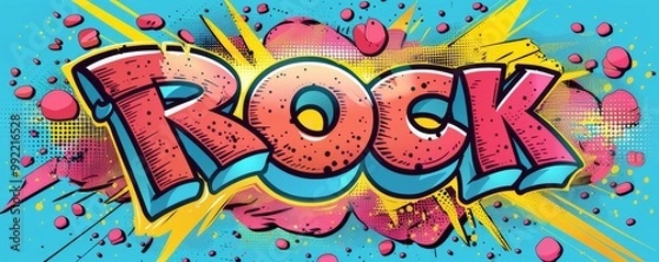 Fototapeta Playful pop art background with "ROCK" text. Bold graphics, Explosion theme, Vibrant vector