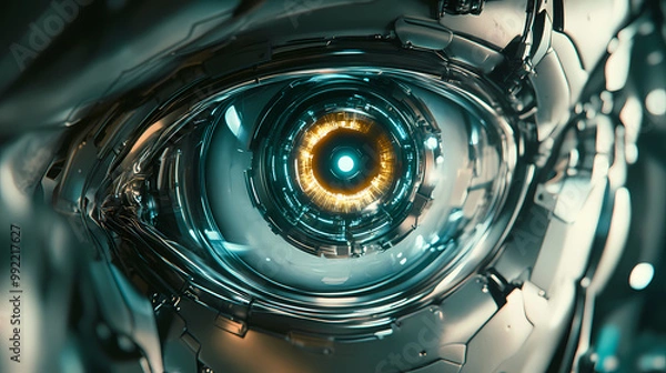 Fototapeta A futuristic, glowing, silver cyclops eye with a vertical pupil, surrounded by metallic machinery and wires, evoking a sense of sci-fi technology and artificial intelligence. Cyclops. Illustration