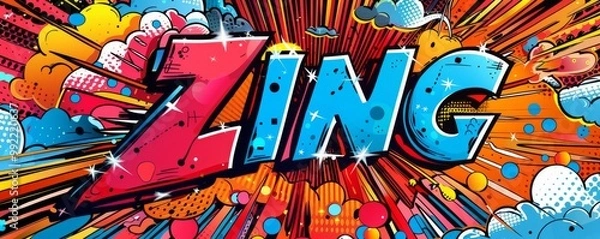 Fototapeta Energetic pop art background with "ZING" inside. Comic book elements, Bold patterns, Bright vector