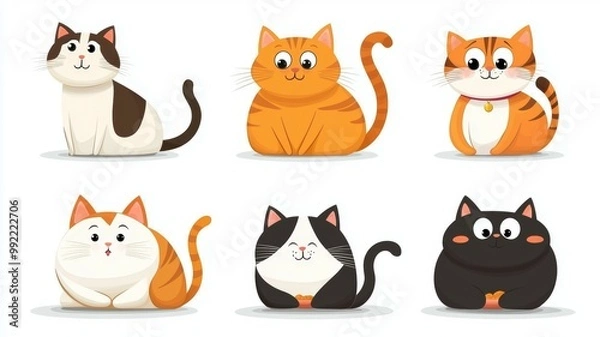 Fototapeta A set of six cartoon cats with different colors and sizes