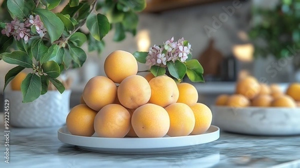 Fototapeta Loquats displayed marble countertop white porcelain plate beside them focus fruit while the kitchen scene is softly blurred evoking a clean and elegant presentation Scientific name Eriobotrya japonica