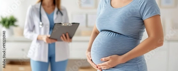 Fototapeta A pregnant woman in a blue dress cradles her belly while a healthcare professional monitors her health in a bright, welcoming clinicHealth and medical checkup concept