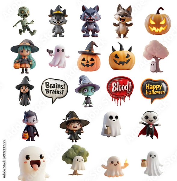 Fototapeta Mega Set Collection of Halloween Illustrations: 3D Cartoon Ghost, Pumpkin, Witch, and Vampire in Various Styles, Isolated on Transparent Background, PNG