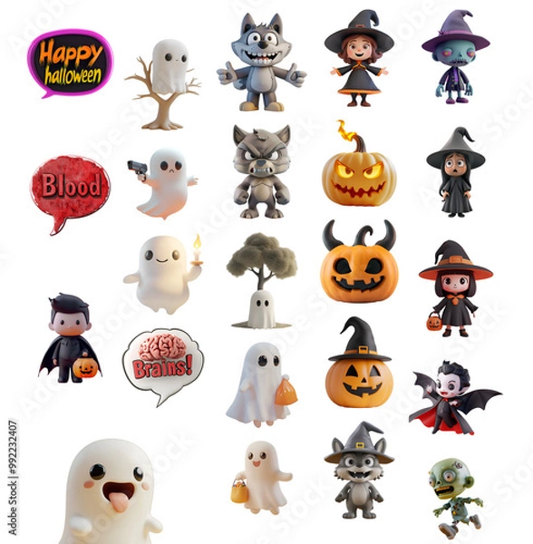 Fototapeta Various Styles of 3D Cartoon Halloween Illustrations: Mega Set Collection of Ghost, Pumpkin, Witch, and Vampire, Isolated on Transparent Background, PNG