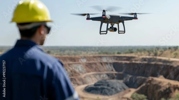 Fototapeta A man is watching a drone fly over a large pit