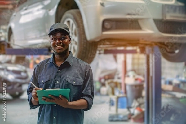 Fototapeta African maintenance male checking car, service via insurance system at automobile repair and check up center