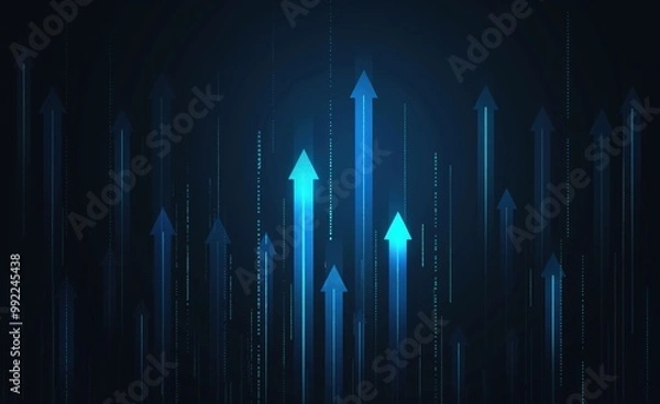 Fototapeta Blue background with many arrows pointing upwards. The arrows are in different sizes and are scattered throughout the image. Scene is one of growth and progress