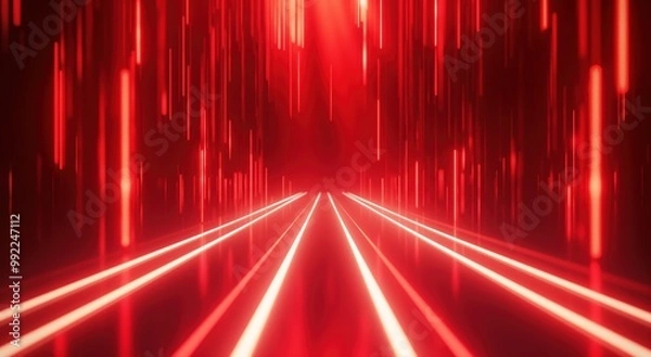 Obraz Red and white image of a long, narrow hallway with red lines. The hallway is lit with red lights, creating a sense of depth and movement. The red and white colors give the image a bold