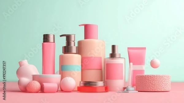 Obraz Pink and Pastel Beauty Products Arranged on a Pink Surface
