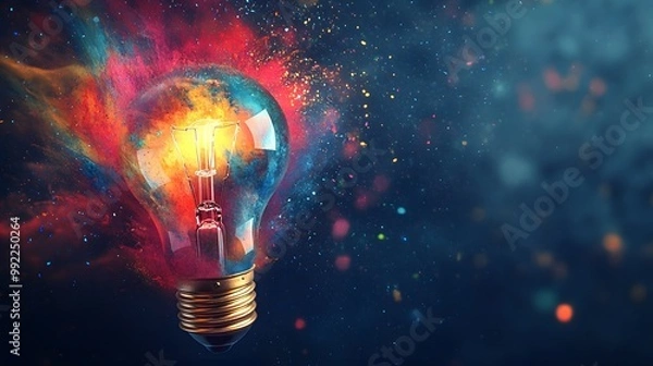 Fototapeta Illuminated Light Bulb Surrounded by Colorful Exploding Powder