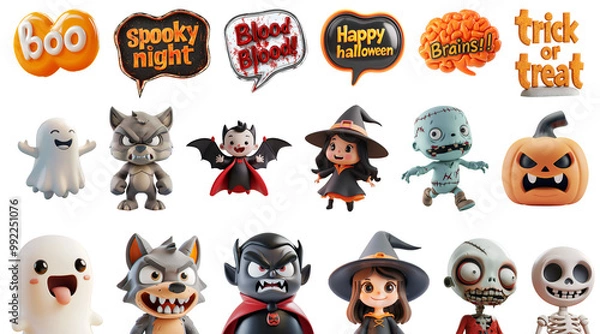 Fototapeta Set of 3D Illustrations: Ghost, Witch, Werewolf, Zombie, and Vampire with Cartoon Halloween Characters and Speech Bubbles, Isolated on Transparent Background, PNG