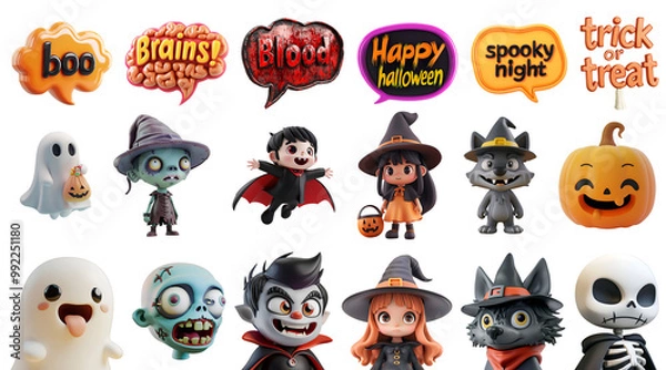 Fototapeta Cartoon Halloween Characters and Speech Bubbles: Set of 3D Illustrations Featuring Ghost, Witch, Werewolf, Zombie, and Vampire, Isolated on Transparent Background, PNG