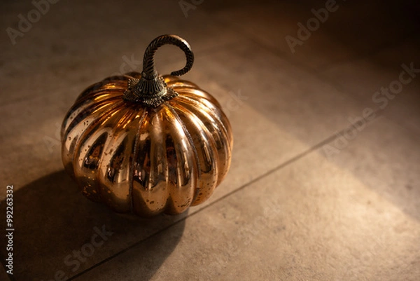 Fototapeta close-up of a shiny decorative orange pumpkin in warm moody lighting 