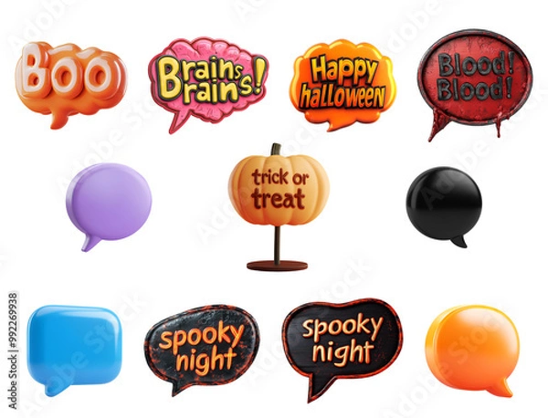Fototapeta Set Collection of 3D Cartoon Halloween Speech Bubbles in Various Styles, Thought Bubble, Icon, Letters, Isolated on Transparent Background, PNG