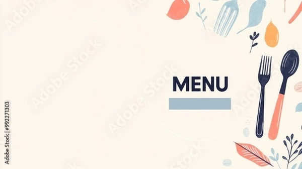 Fototapeta Menu Design with Pastel Colors, Cutlery and Tableware in a Circular Layout on Light Cream Background, Ideal for Restaurant Advertising with Clean Aesthetic.