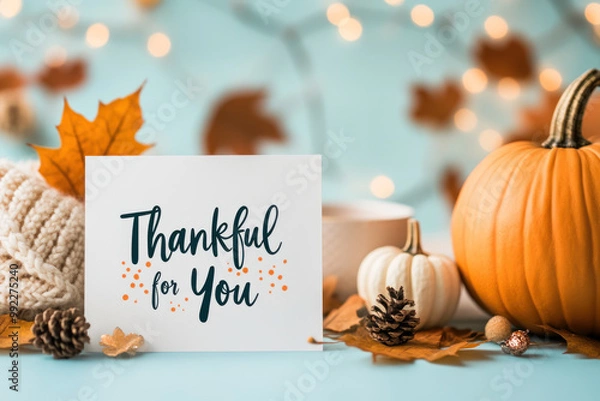 Fototapeta Thankful for you card with autumn decorations and cozy elements.