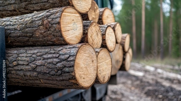 Fototapeta A truck is carrying a load of logs