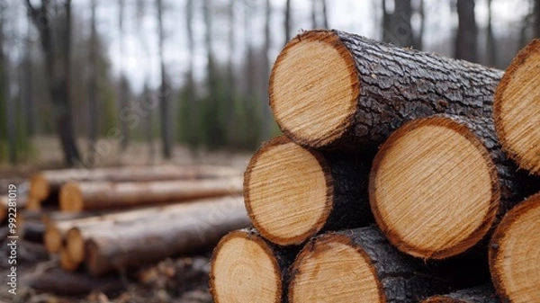Obraz A pile of logs with a few of them being cut in half