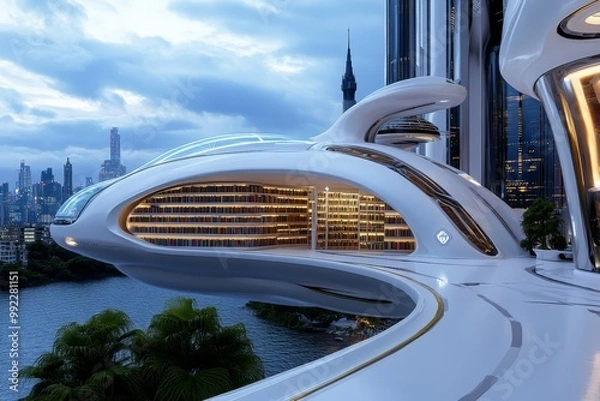 Fototapeta A futuristic city with a floating library, where book lovers can digitally access and read books from anywhere in the world