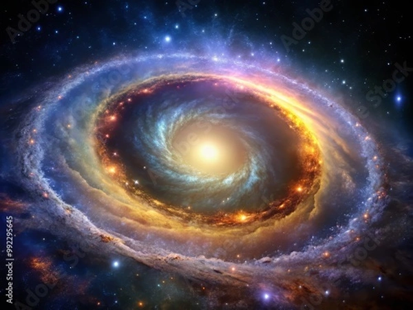 Fototapeta Breathtaking, iridescent halo encircling a distant, spiral galaxy, with shimmering curtains of gas and dust.