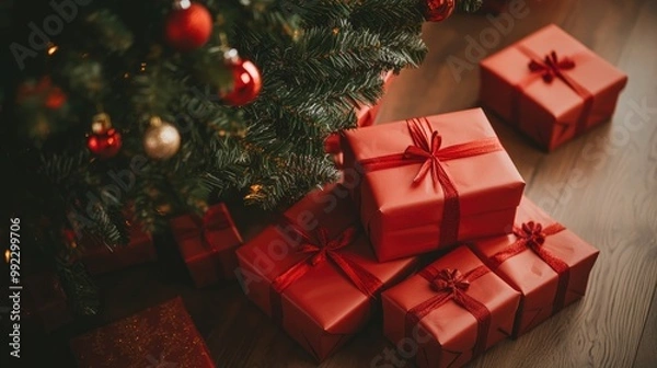 Fototapeta A stack of red gift boxes with ribbons, neatly arranged under a Christmas tree, ready for the festive celebration.