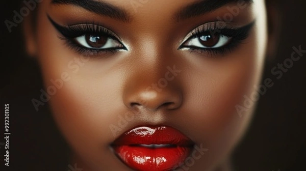 Obraz Close-up of a Woman's Face with Bold Red Lipstick and Dramatic Eyeliner