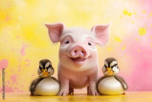 Fototapeta A happy little piglet and two ducklings with wide, sparkling eyes, standing together against a background of yellow and pink watercolor splashes