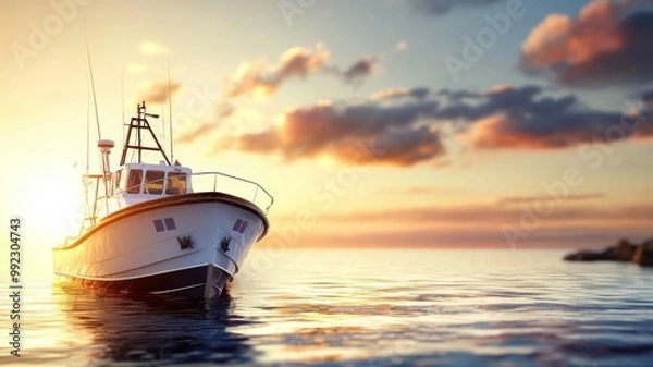 Obraz A boat is floating in the ocean at sunset