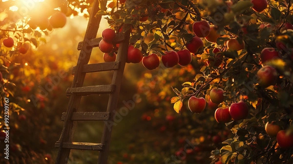 Obraz Apple Orchard at Sunset with Harvest Ladder