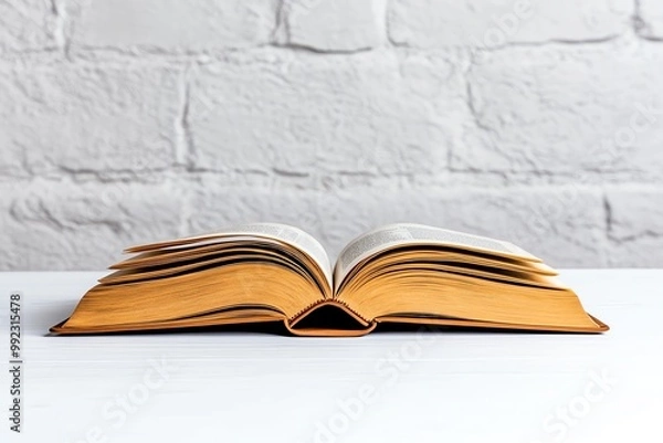 Fototapeta A single open book on a white table, with soft lighting and plenty of negative space, focusing entirely on the simplicity of reading