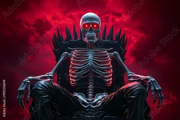 Fototapeta A skeleton king seated on a dark throne under a crimson sky, his glowing red eyes piercing through the shadows, in a skeleton fantasy artwork illustration