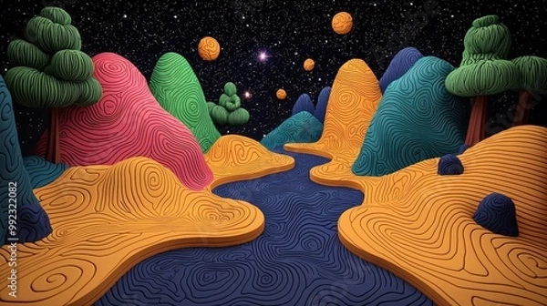 Fototapeta Abstract Night Landscape With Colorful Hills and River Under Starry Sky