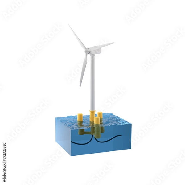 Obraz Offshore wind power. Technical illustration of a windmill at sea. 3D Render.
